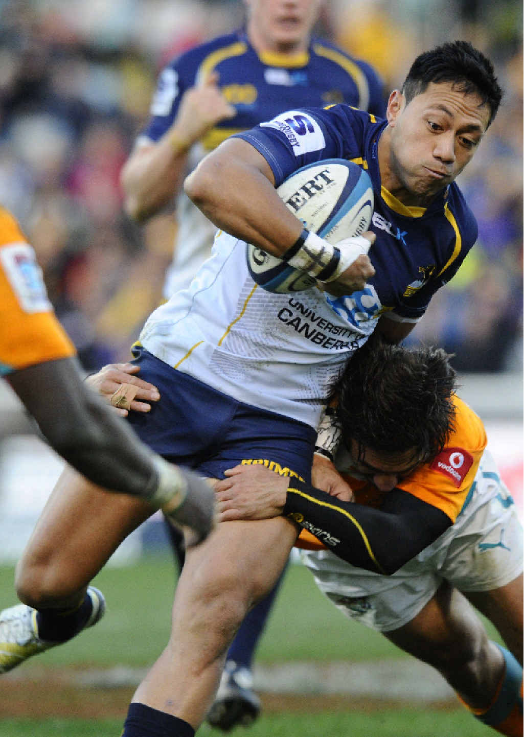 Brumbies centre Christian Lealiifano tears into the Cheetahs defence at Canberra Stadium yesterday. Brumbies centre Christian Lealiifano tears into the Cheetahs defence at Canberra Stadium yesterday.