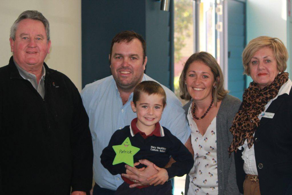Fr Brian Nunan, Paddy, Barry and Emily O'Sullivan and Donaugh Shirley, Principal of Mary MacKillop Catholic Primary School. Fr Brian Nunan, Paddy, Barry and Emily O'Sullivan and Donaugh Shirley, Principal of Mary MacKillop Catholic Primary School.