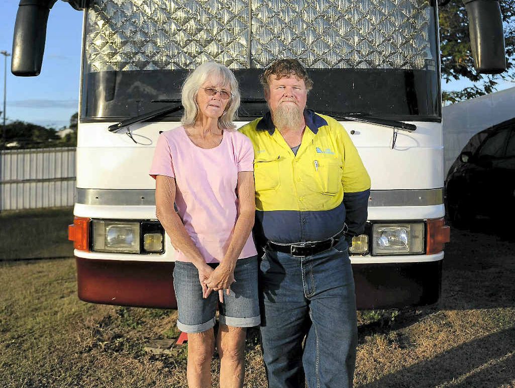 David and Kate Finn have had to move their motorhome from the Gladstone Showgrounds. David and Kate Finn have had to move their motorhome from the Gladstone Showgrounds.