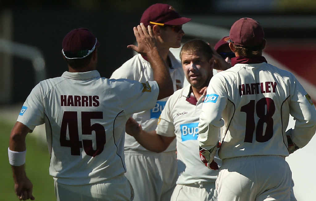 Fellow veteran Ryan Harris moves in to congratulate Bulls skipper James Hopes after the fall of a Tasmanian wicket in last year’s Sheffield Shield final. Fellow veteran Ryan Harris moves in to congratulate Bulls skipper James Hopes after the fall of a Tasmanian wicket in last year’s Sheffield Shield final.