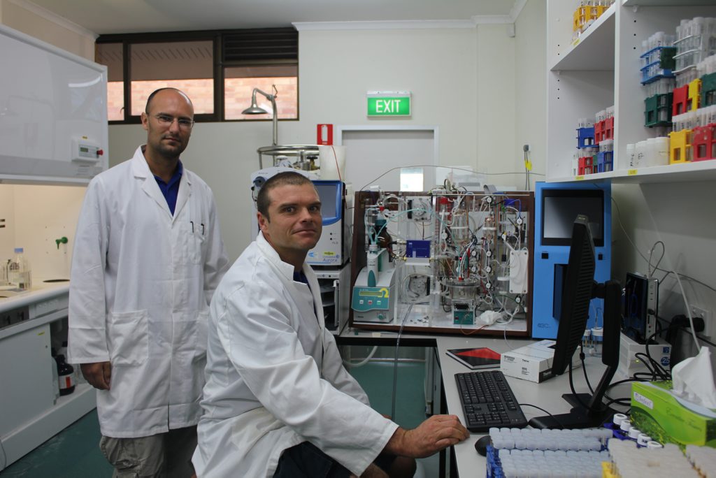 Environmental scientists Dr Isaac Santos and Dr Damien Maher at work in their lab at SCU. Environmental scientists Dr Isaac Santos and Dr Damien Maher at work in their lab at SCU.