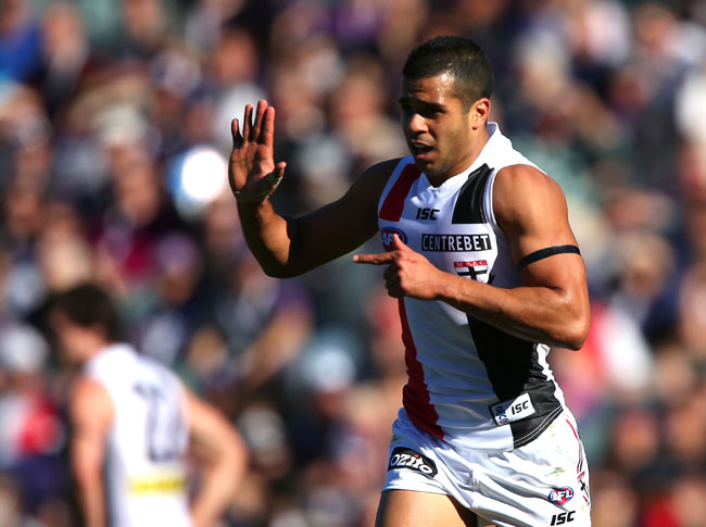 Ahmed Saad of the Saints celebrates a goal during the round 15 AFL match between the St Kilda Saints and the Fremantle Dockers Ahmed Saad of the Saints celebrates a goal during the round 15 AFL match between the St Kilda Saints and the Fremantle Dockers