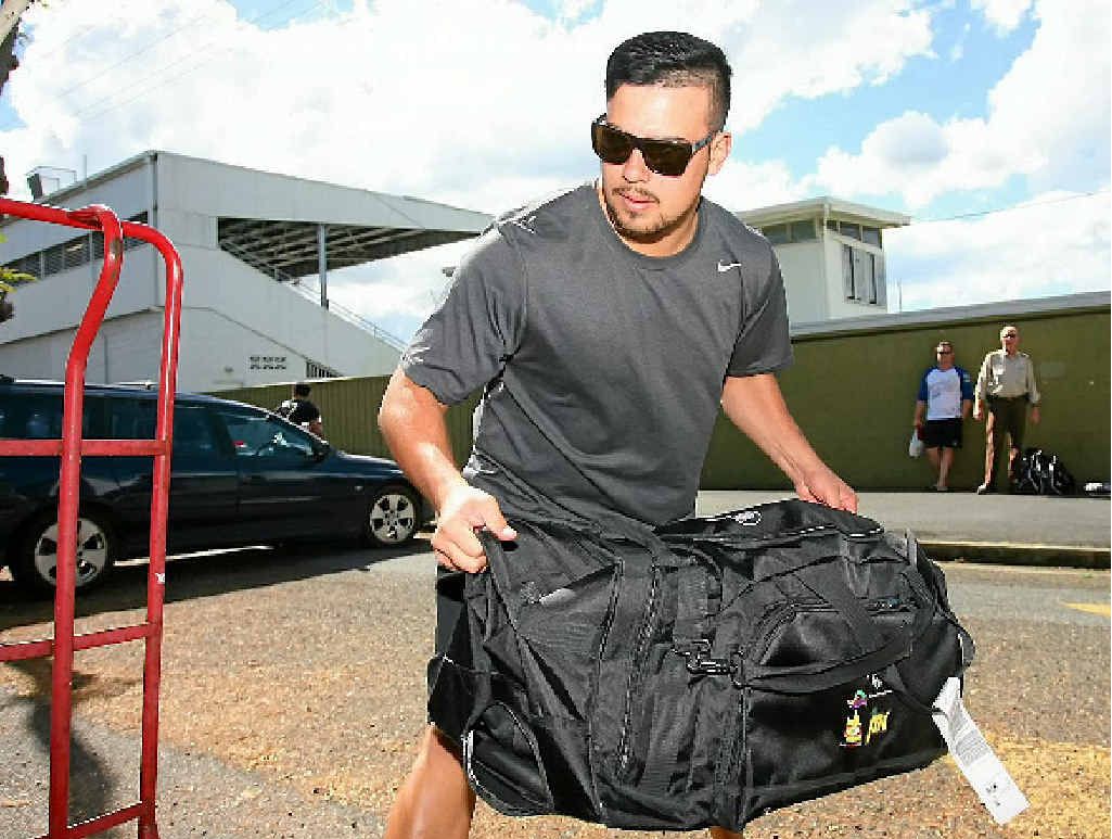 Sione Tongia getting his bags out ahead of the bus trip last night to Roma. The Capras left after lunch yesterday to be ready for today's game against the Dolphins. Sione Tongia getting his bags out ahead of the bus trip last night to Roma. The Capras left after lunch yesterday to be ready for today's game against the Dolphins.