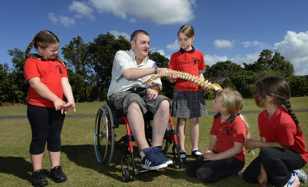 Gypsy Wright, Montana McLennan, Wayne Horkings, Savanna Phillips, Namaala Slabb at Fingal Head public school for the injury prevention program. Photo: John Gass / Daily News Gypsy Wright, Montana McLennan, Wayne Horkings, Savanna Phillips, Namaala Slabb at Fingal Head public school for the injury prevention program. Photo: John Gass / Daily News