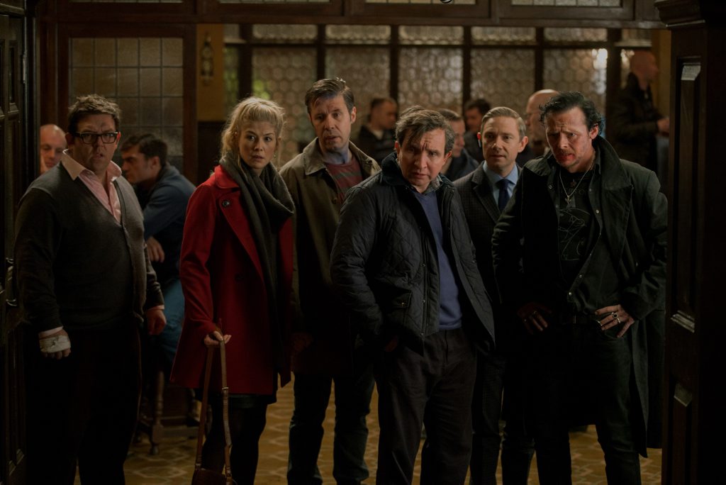 From left, Nick Frost, Rosamund Pike, Paddy Considine, Eddie Marsan, Martin Freeman and Simon Pegg in a scene from the movie The World's End. From left, Nick Frost, Rosamund Pike, Paddy Considine, Eddie Marsan, Martin Freeman and Simon Pegg in a scene from the movie The World's End.