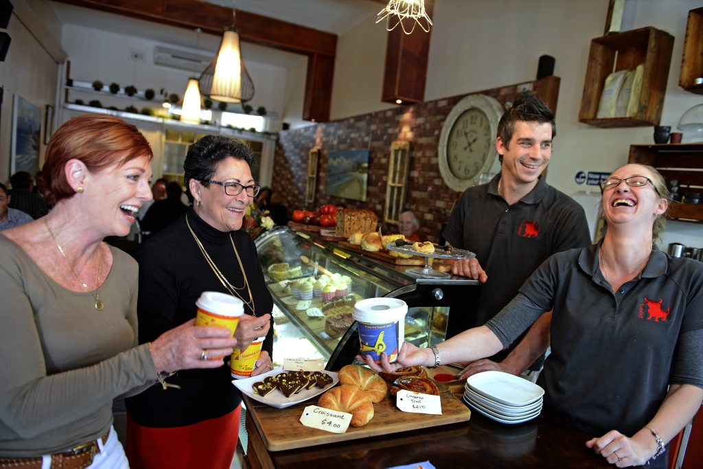 Di Endicott, Toni Veares, Jonathon Evans, Melinda Carter at Juju's Murwillumbah for chopper coffee. Photo: John Gass / Daily News Di Endicott, Toni Veares, Jonathon Evans, Melinda Carter at Juju's Murwillumbah for chopper coffee. Photo: John Gass / Daily News