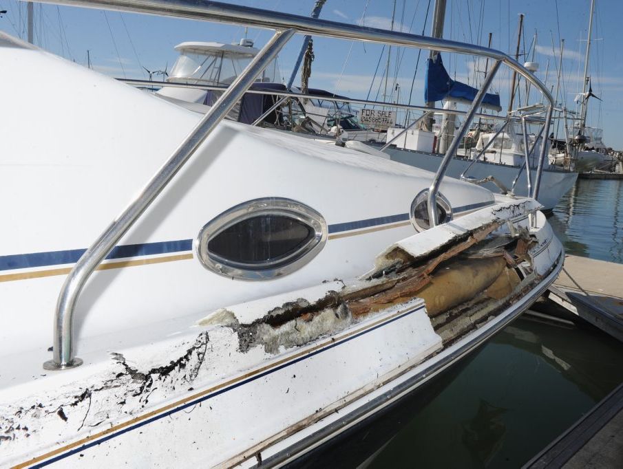 Breaching humpback whale lands on top of moving boat