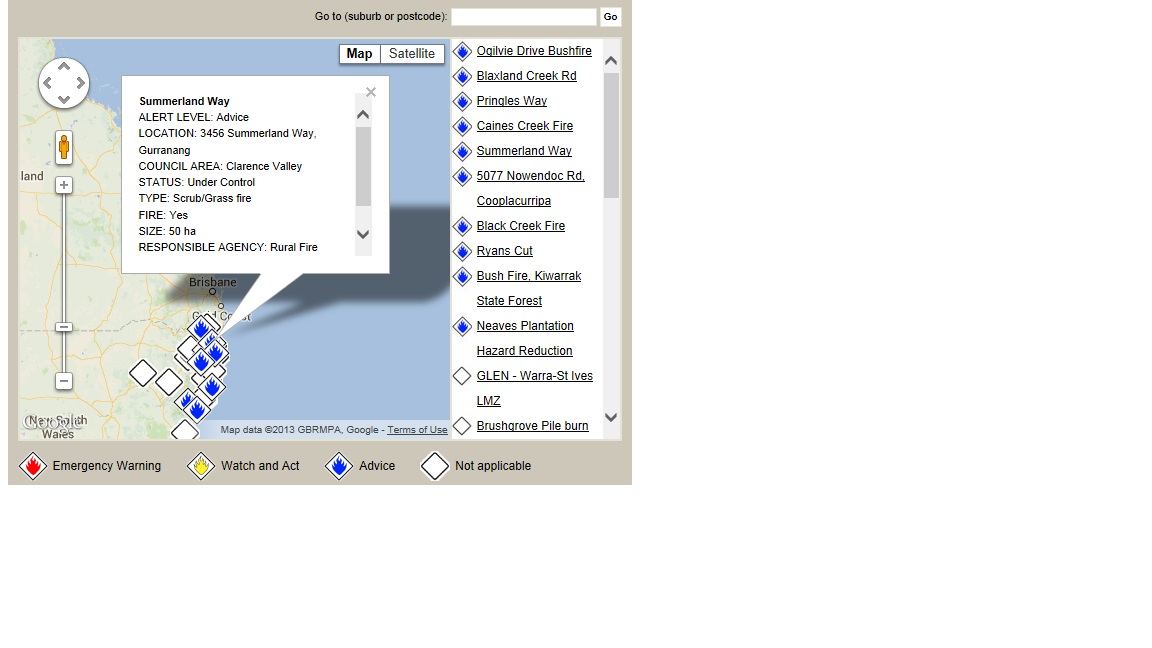 An RFS map detailing where the incidents of fire are. An RFS map detailing where the incidents of fire are.