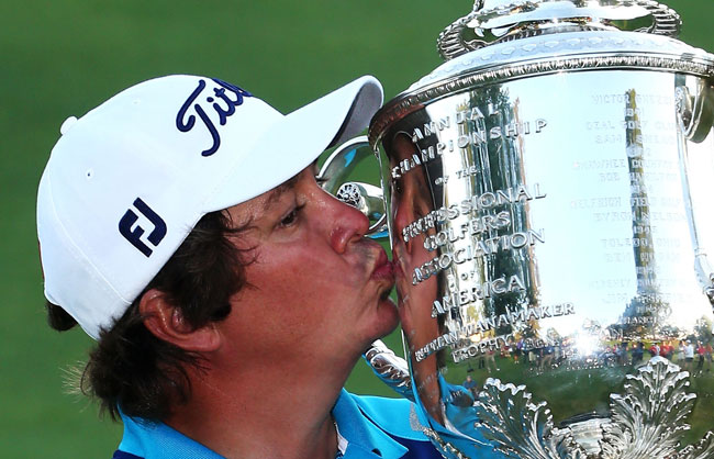Jason Dufner of the United States kisses the Wanamaker Trophy after his two-stroke victory at the 95th PGA Championship at Oak Hill Country Club Jason Dufner of the United States kisses the Wanamaker Trophy after his two-stroke victory at the 95th PGA Championship at Oak Hill Country Club