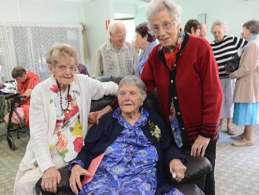 Birthday girl Hazel White (middle) who turned 100 yesterday with friends Lottie Hurford age 103 and Gert Pearson aged 98. Birthday girl Hazel White (middle) who turned 100 yesterday with friends Lottie Hurford age 103 and Gert Pearson aged 98.