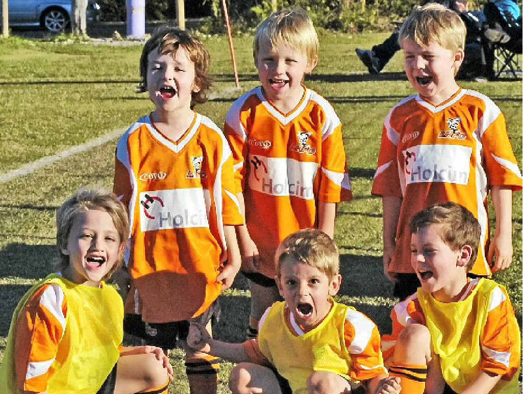 HAPPY KIDS: Lennox Head Sharks under-6 players feel the joy after starring at the club’s Thank You day for volunteers including (from back left) Jerridan Tulloch, Nicky Hawkins and Tom Radburn, (front left) Cooper Ulrick, Leo Sowden and Lucas Blake. HAPPY KIDS: Lennox Head Sharks under-6 players feel the joy after starring at the club’s Thank You day for volunteers including (from back left) Jerridan Tulloch, Nicky Hawkins and Tom Radburn, (front left) Cooper Ulrick, Leo Sowden and Lucas Blake.