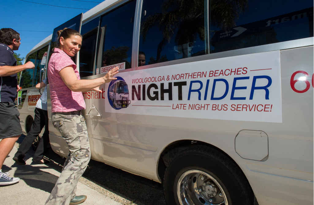 People can take a Nightrider bus to the Northern Beaches and Woolgoolga or even be dropped off to Boambee East, Toormina and Sawtell on New Year's Eve. People can take a Nightrider bus to the Northern Beaches and Woolgoolga or even be dropped off to Boambee East, Toormina and Sawtell on New Year's Eve.