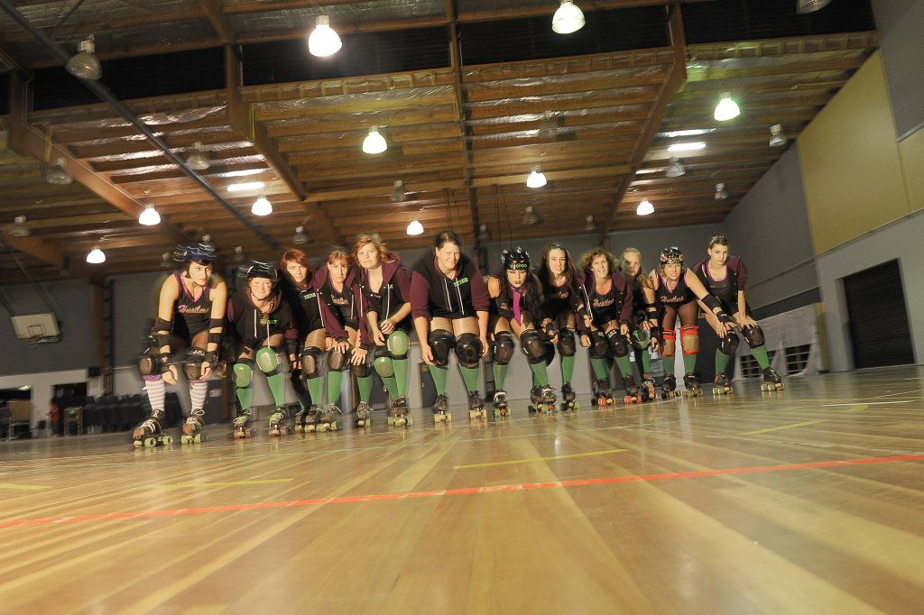 Harbour City Hustlers roller derby team (L-R) Mary Bolling, Kristel Moseling, Danielle Mouton, Karlene Kelly, Kristy Keenan, Tharyn Thomas, Sandy de Roode, Lauren Fournier, Gwen Pincott, Cassie Williams, Marney Kucharski, Lainey McPhee. Harbour City Hustlers roller derby team (L-R) Mary Bolling, Kristel Moseling, Danielle Mouton, Karlene Kelly, Kristy Keenan, Tharyn Thomas, Sandy de Roode, Lauren Fournier, Gwen Pincott, Cassie Williams, Marney Kucharski, Lainey McPhee.