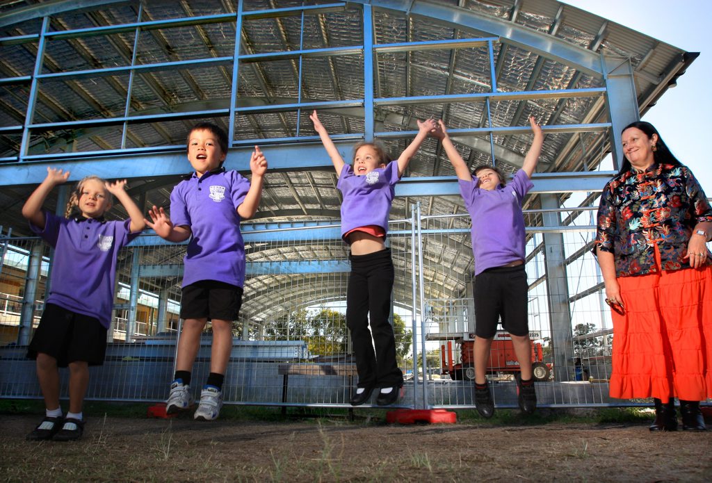 Pottsville public school principal Debra McKinnon is as excited about the new multipurpose shed as kinda students Heidi, Aksel, Ella and Ethan. Pottsville public school principal Debra McKinnon is as excited about the new multipurpose shed as kinda students Heidi, Aksel, Ella and Ethan.