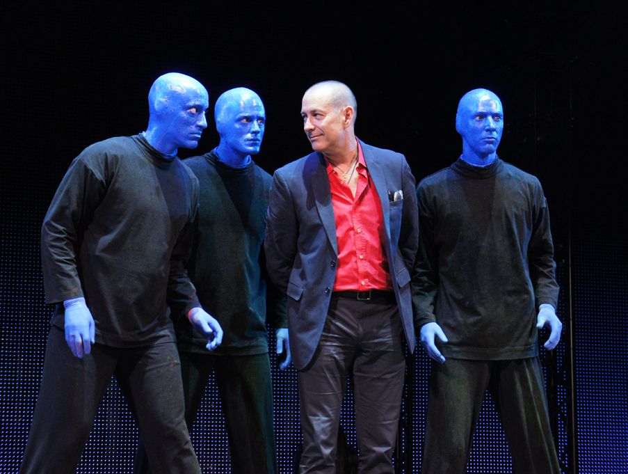 Blue Man Group founding member Phil Stanton pictured with the Australian cast. Blue Man Group founding member Phil Stanton pictured with the Australian cast.