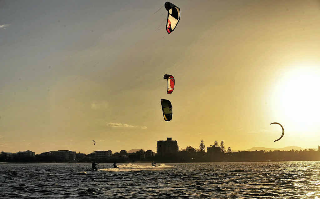 Kite surfers enjoy windy conditions at Bulcock Beach, Caloundra. Kite surfers enjoy windy conditions at Bulcock Beach, Caloundra.
