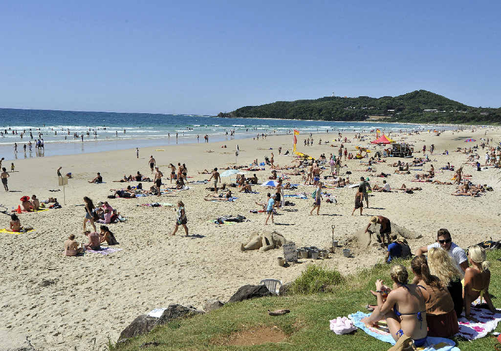 MAIN BEACH, BYRON BAY: Looking towards Cape Byron State Conservation Area. MAIN BEACH, BYRON BAY: Looking towards Cape Byron State Conservation Area.