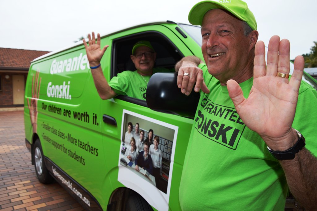 HANDS UP FOR GONSKI: Frank Barnes and Mike Trotter cruise around Grafton in their green Gonski gear, telling people just what Gonski means for our schools.
HANDS UP FOR GONSKI: Frank Barnes and Mike Trotter cruise around Grafton in their green Gonski gear, telling people just what Gonski means for our schools.