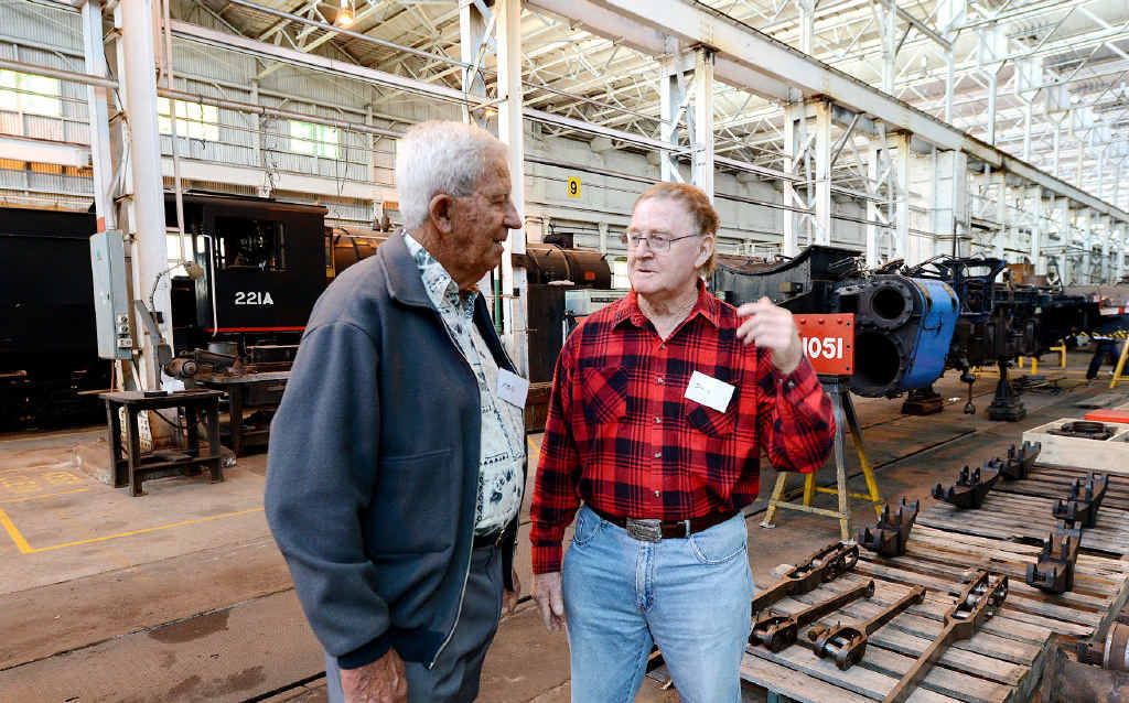 FOND MEMORIES: Former QR employees Neil Linnehan and Don Pryde, who worked together on the Blue Baby restoration, catch up at the rail reunion. FOND MEMORIES: Former QR employees Neil Linnehan and Don Pryde, who worked together on the Blue Baby restoration, catch up at the rail reunion.