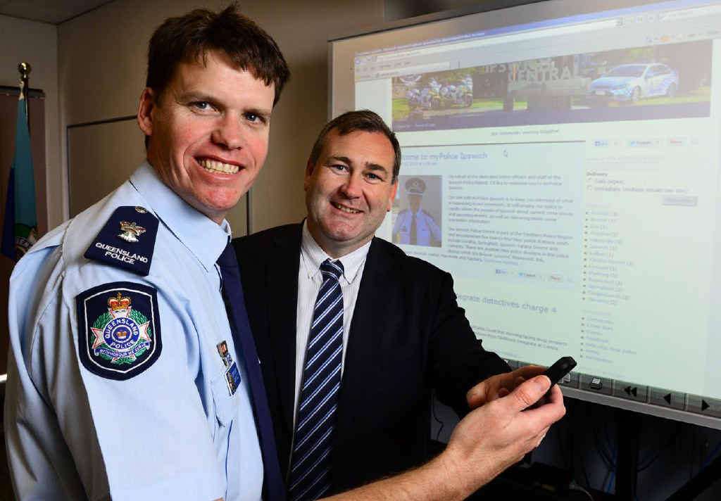 RAISING AWARENESS: Ipswich District Superintendent Mark Kelly (left) and Police and Community Safety Minister Jack Dempsey launch the myPolice site for Ipswich. RAISING AWARENESS: Ipswich District Superintendent Mark Kelly (left) and Police and Community Safety Minister Jack Dempsey launch the myPolice site for Ipswich.