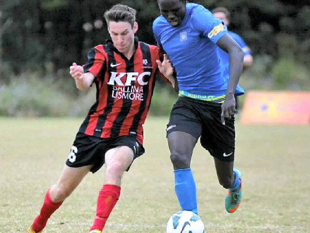 FOOT RACE: Alstonville’s Matt Campbell (left) tries to shut down Bangalow’s Batok Ring during their Football FNC premier league clash. FOOT RACE: Alstonville’s Matt Campbell (left) tries to shut down Bangalow’s Batok Ring during their Football FNC premier league clash.