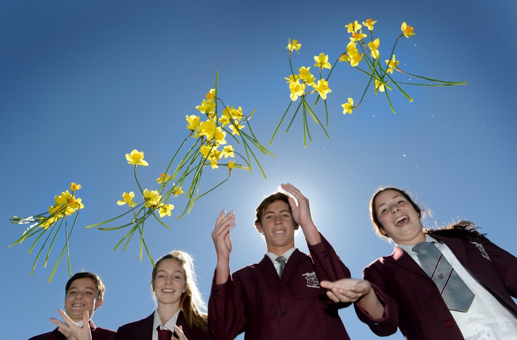 St Joseph's Banora Point students Shae Cridland, Lily Nethery, Angus Macphail and Sophie Longworth gear up for Daffodil Day. St Joseph's Banora Point students Shae Cridland, Lily Nethery, Angus Macphail and Sophie Longworth gear up for Daffodil Day.