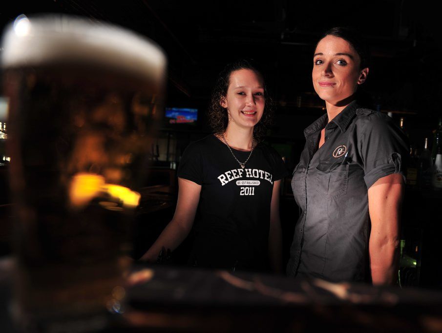 Reef Hotel bar staff Karlea Boyd and Kate Phillips agree the full moon brings out strange behaviour in their customers. Reef Hotel bar staff Karlea Boyd and Kate Phillips agree the full moon brings out strange behaviour in their customers.