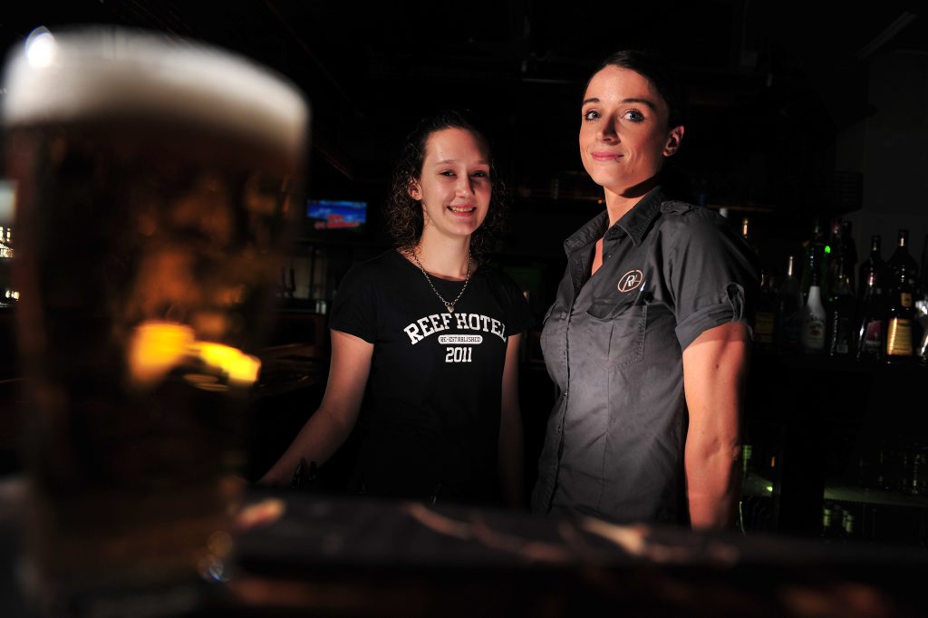 Reef Hotel bar staff Karlea Boyd and Kate Phillips agree the full moon brings out strange behaviour in their customers. Reef Hotel bar staff Karlea Boyd and Kate Phillips agree the full moon brings out strange behaviour in their customers.
