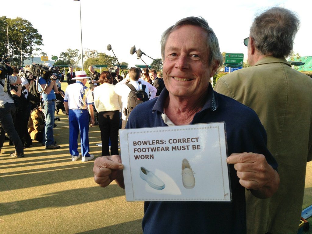 Ross McAlister was quick to remind visitors to wear correct shoes on the green during the PM's visit to Condong Bowling Club. Ross McAlister was quick to remind visitors to wear correct shoes on the green during the PM's visit to Condong Bowling Club.