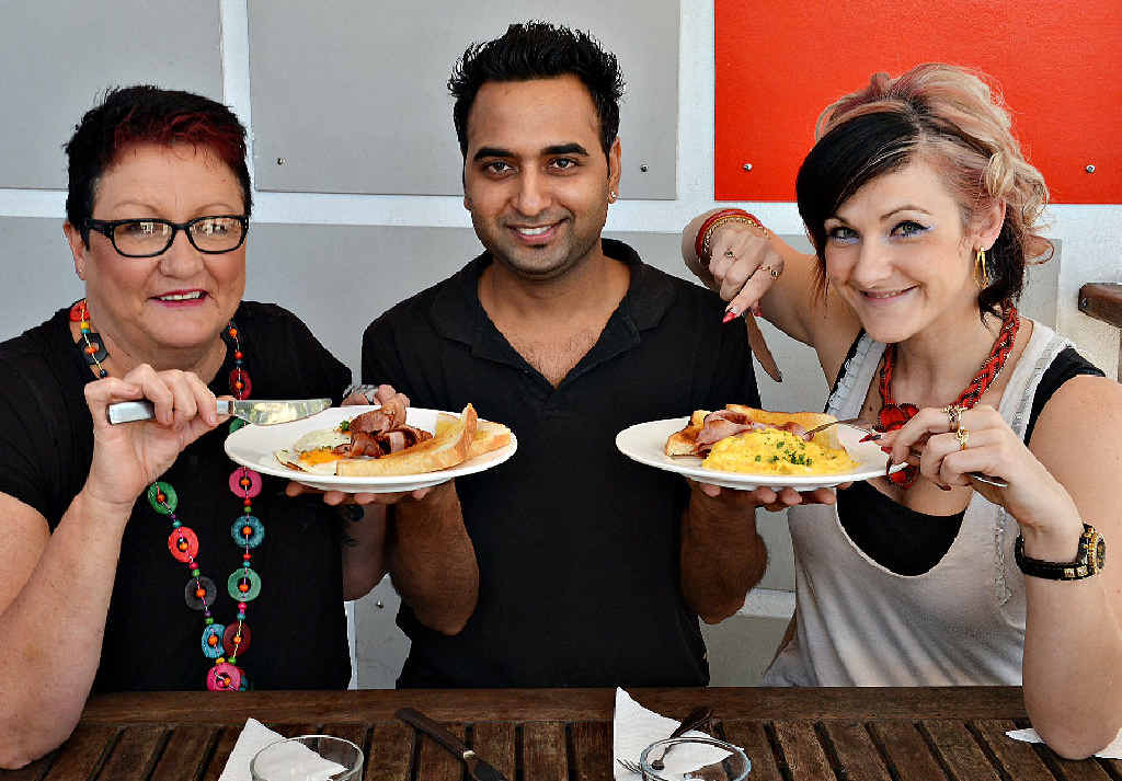 Global Burger’s Amrik Singh delivers breakfast to Supercuts Hairdressing employees Maryanne Elms (left) and Kelly Magee, at the Sydney Street Markets restaurant yesterday. New research has found more people are choosing to skip breakfast each day. Global Burger’s Amrik Singh delivers breakfast to Supercuts Hairdressing employees Maryanne Elms (left) and Kelly Magee, at the Sydney Street Markets restaurant yesterday. New research has found more people are choosing to skip breakfast each day.