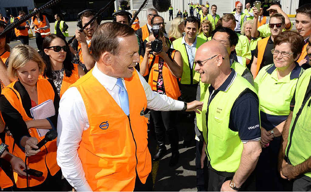 FACTORY VOW: Coalition leader Tony Abbott meets with Volvo workers in Wacol yesterday. FACTORY VOW: Coalition leader Tony Abbott meets with Volvo workers in Wacol yesterday.