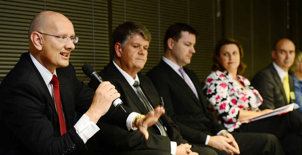 Q&A;: Candidates for Blair answered questions from the public at the Ipswich Turf Club. From left are ALP member Shayne Neumann, Dale Chorley (KAP), Anthony Mackin (Rise Up Australia), Teresa Harding (LNP), Anthony Stanton (Palmer United) and Clare Rudkin (Greens). Q&A;: Candidates for Blair answered questions from the public at the Ipswich Turf Club. From left are ALP member Shayne Neumann, Dale Chorley (KAP), Anthony Mackin (Rise Up Australia), Teresa Harding (LNP), Anthony Stanton (Palmer United) and Clare Rudkin (Greens).