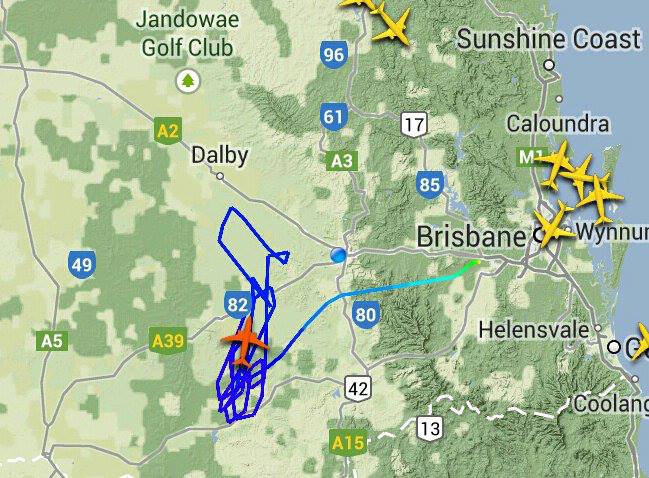The unconfirmed flight path of the aircraft that shook homes across the Toowoomba region last night. The image was created using www.flightradar24.com. The unconfirmed flight path of the aircraft that shook homes across the Toowoomba region last night. The image was created using www.flightradar24.com.