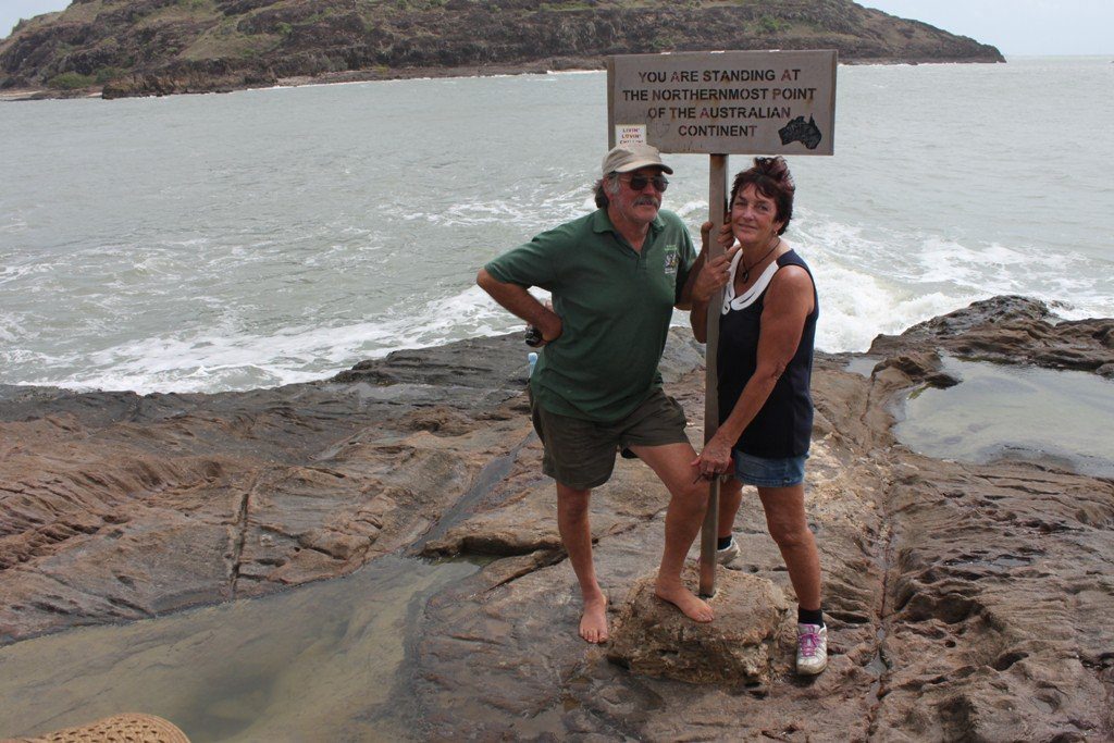 Tony and Nancy Bates stop for a photo at the northernmost point of the Australian continent. Tony and Nancy Bates stop for a photo at the northernmost point of the Australian continent.