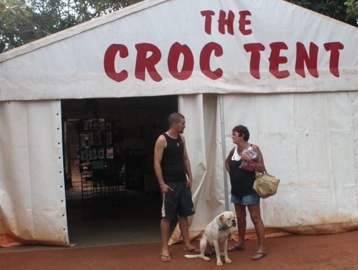 Talking to Dale Mears at the iconic Croc Tent, the souvenir tent that sits alone at a fork in the rainforest road north of Bamaga. Talking to Dale Mears at the iconic Croc Tent, the souvenir tent that sits alone at a fork in the rainforest road north of Bamaga.