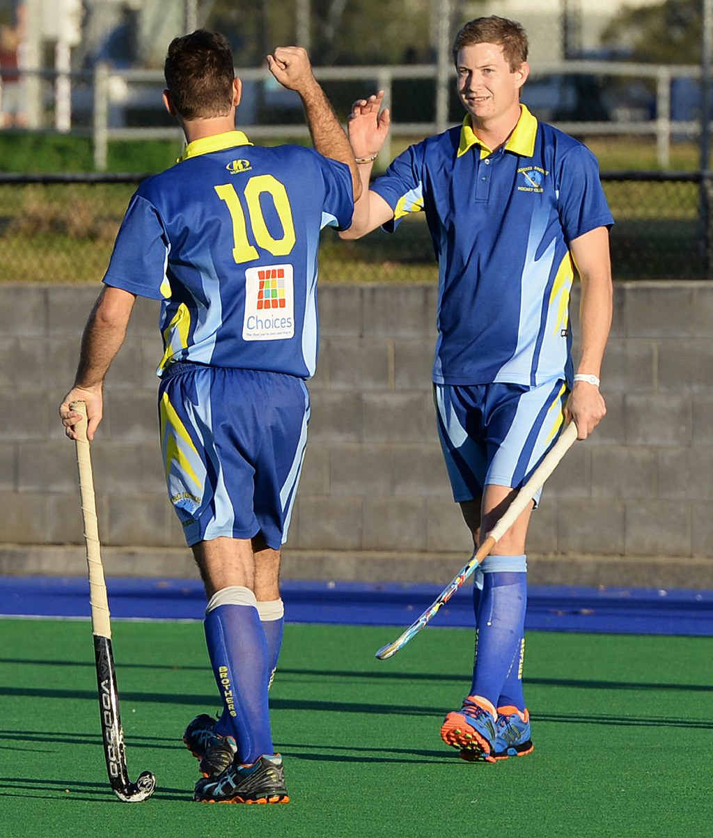 FAREWELL SUPPORT: Regular Hancocks goal-scorer Adam McClelland (right) congratulates teammate Peter Mitchell after scoring in Saturday’s A-grade match. FAREWELL SUPPORT: Regular Hancocks goal-scorer Adam McClelland (right) congratulates teammate Peter Mitchell after scoring in Saturday’s A-grade match.