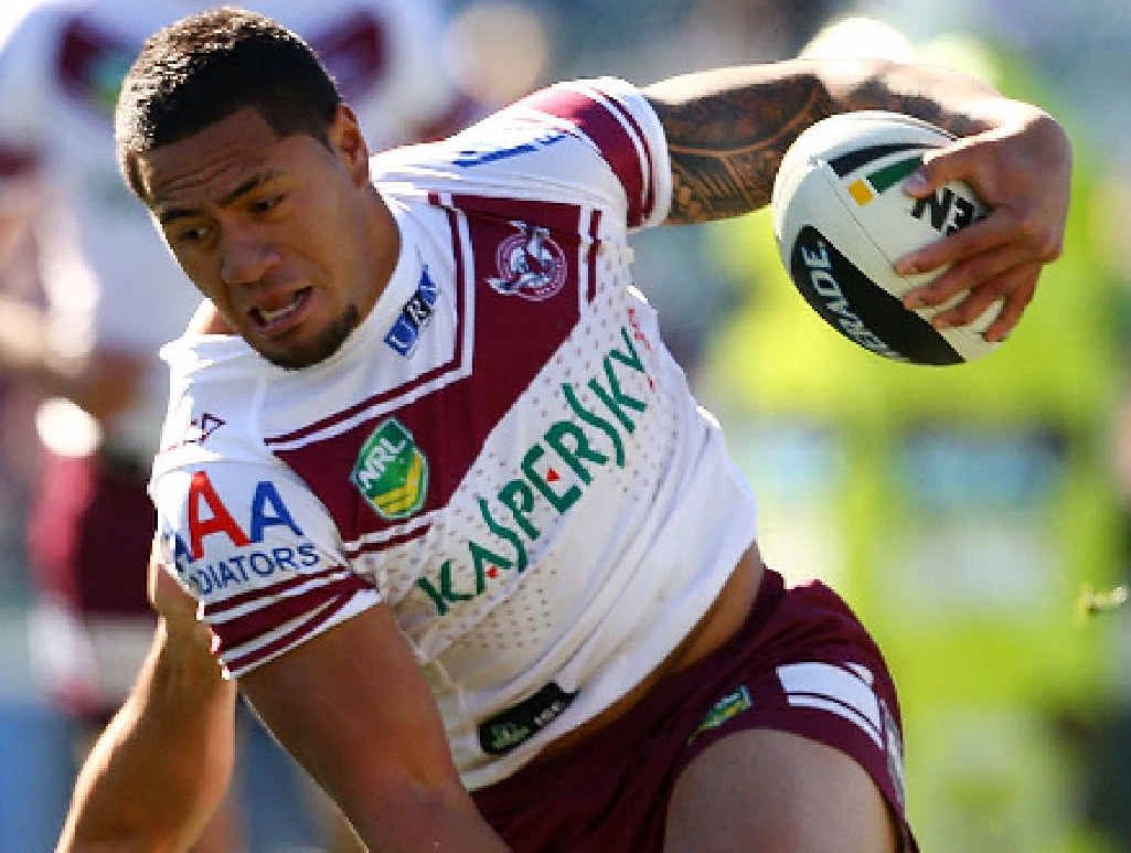 BY JORGE: Jorge Taufua, of the Sea Eagles, barges through at Canberra Stadium yesterday. BY JORGE: Jorge Taufua, of the Sea Eagles, barges through at Canberra Stadium yesterday.