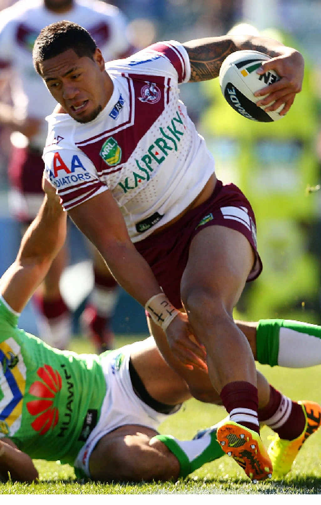 BY JORGE: Jorge Taufua, of the Sea Eagles, barges through at Canberra Stadium yesterday. BY JORGE: Jorge Taufua, of the Sea Eagles, barges through at Canberra Stadium yesterday.