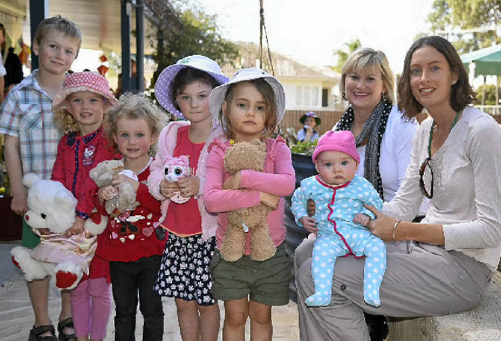 Timothy, Meghan and Kinley Crothers, Jasmine Wacker, Livvie Groves, Lisa Crothers, Samantha and Sandy Groves at the kindergarten.