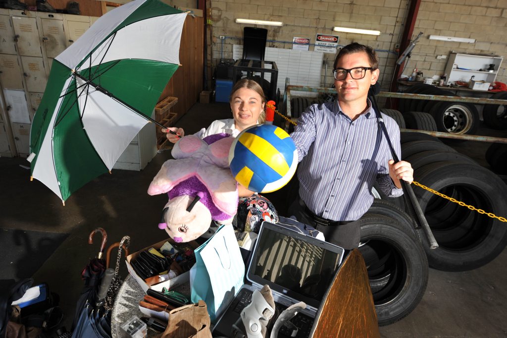 Sunbus operation manager John Cadamy and administrator Skye Palmer show off some of the lost property left on buses that needs claimed, including a laptop, wallets, soft toys, shoes, skateboard, golf clubs and a light reflector. Photo: Iain Curry / Sunshine Coast Daily Sunbus operation manager John Cadamy and administrator Skye Palmer show off some of the lost property left on buses that needs claimed, including a laptop, wallets, soft toys, shoes, skateboard, golf clubs and a light reflector. Photo: Iain Curry / Sunshine Coast Daily