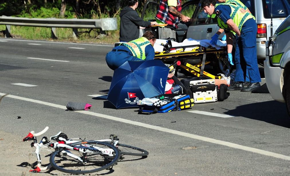 Paramedics attend a cyclist hit by a car on Noosa Eumundi Road near the corner of Beddington Road. Paramedics attend a cyclist hit by a car on Noosa Eumundi Road near the corner of Beddington Road.