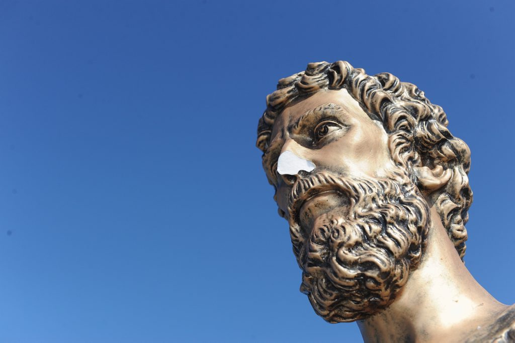 The statue of St Peter was only unveiled a month ago and has had its nose, hand and one of the plaques removed by vandals. The statue of St Peter was only unveiled a month ago and has had its nose, hand and one of the plaques removed by vandals.