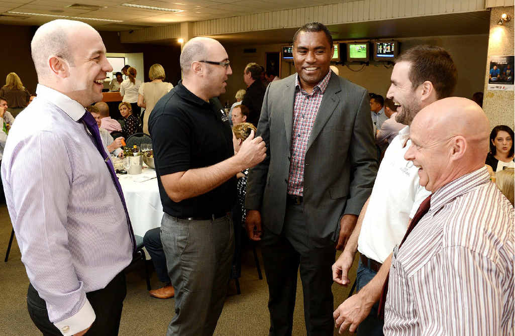 SWICH-ED ON: Matthew Slingsby, Matt Gnech, Jayson Gibb and Steve Rainbow with Petero Civoniceva at the Swich On race day at Ipswich Turf Club on Friday. SWICH-ED ON: Matthew Slingsby, Matt Gnech, Jayson Gibb and Steve Rainbow with Petero Civoniceva at the Swich On race day at Ipswich Turf Club on Friday.