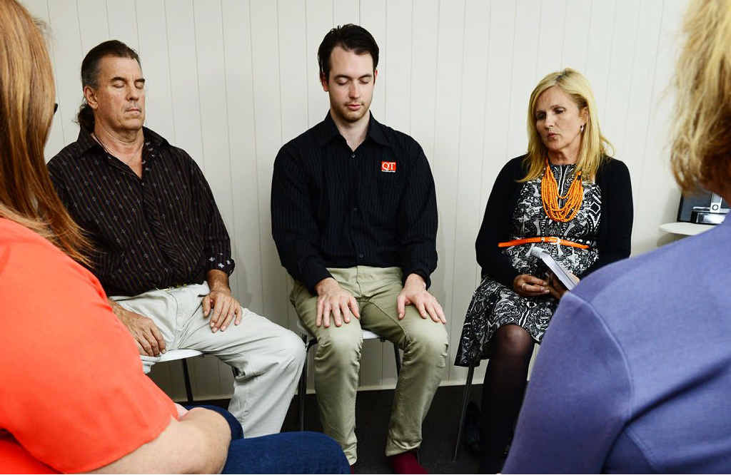 DRIFTING AWAY: Chris Owen (centre) takes time out with meditation instructor Jacinta Harding (right) and Ray Ward. DRIFTING AWAY: Chris Owen (centre) takes time out with meditation instructor Jacinta Harding (right) and Ray Ward.