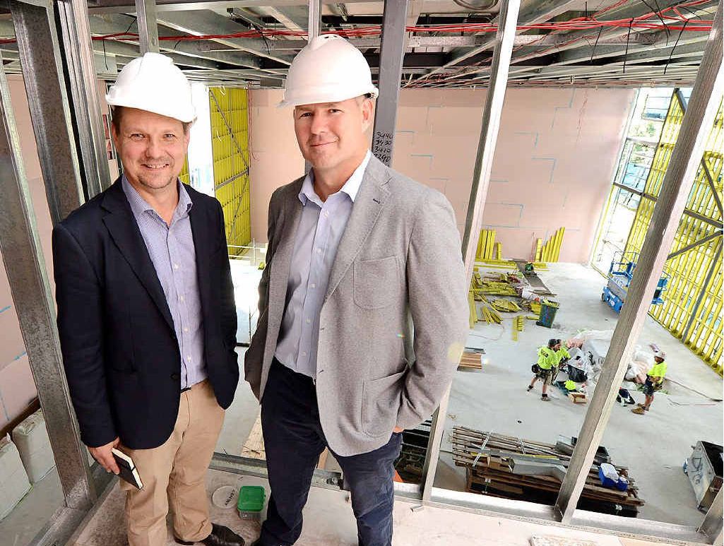 SHOWN AROUND: Managing director of Leda Holdings, Rob Ell (right) shows Limelight Cinemas managing director Ross Entwistle through their new Riverlink Shopping Centre project. SHOWN AROUND: Managing director of Leda Holdings, Rob Ell (right) shows Limelight Cinemas managing director Ross Entwistle through their new Riverlink Shopping Centre project.