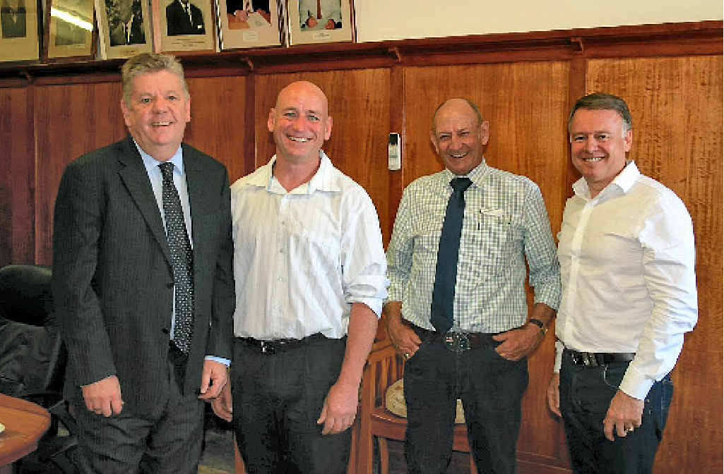 SBRC Mayor Wayne Kratzmann, ALP candidate Chris Trevor, NBRC Mayor Don Waugh and Agriculture Minister Joel Fitzgibbon in Gayndah. SBRC Mayor Wayne Kratzmann, ALP candidate Chris Trevor, NBRC Mayor Don Waugh and Agriculture Minister Joel Fitzgibbon in Gayndah.