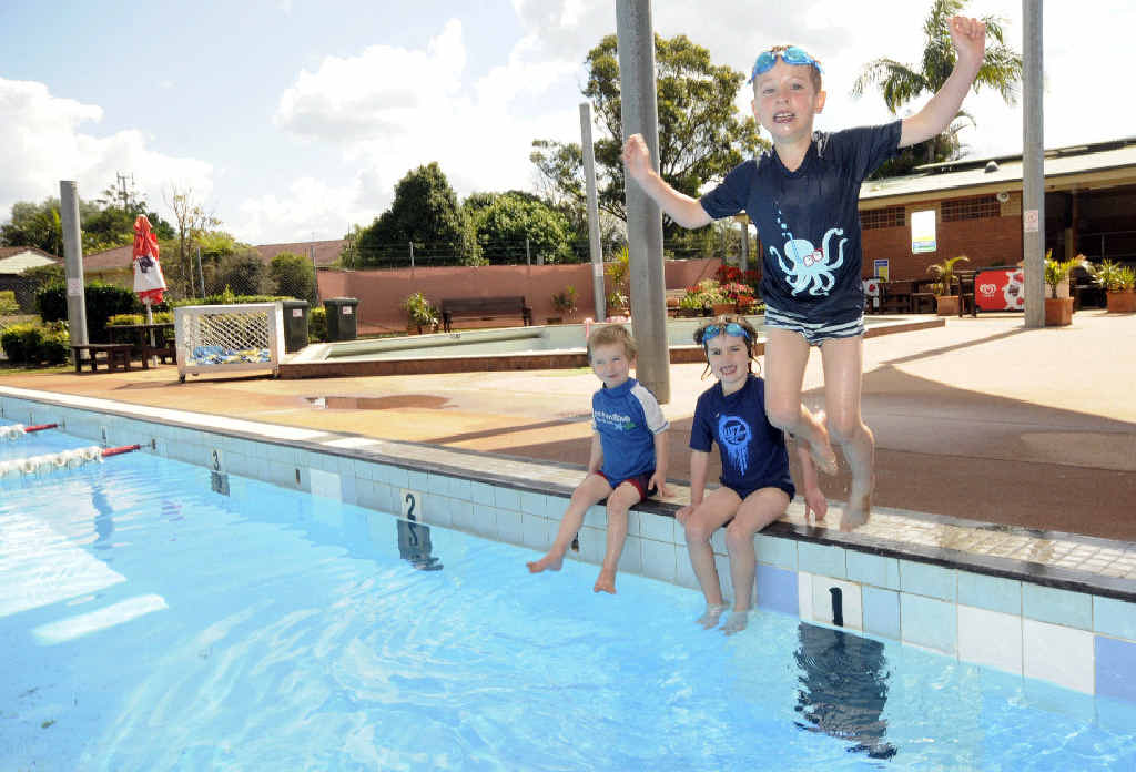 MAKING A SPLASH: Gabriel, 3, Anna, 6, and Sam Vleggaar, 5, of Alstonville take the plunge on the first day of spring at the Alstonville pool. MAKING A SPLASH: Gabriel, 3, Anna, 6, and Sam Vleggaar, 5, of Alstonville take the plunge on the first day of spring at the Alstonville pool.