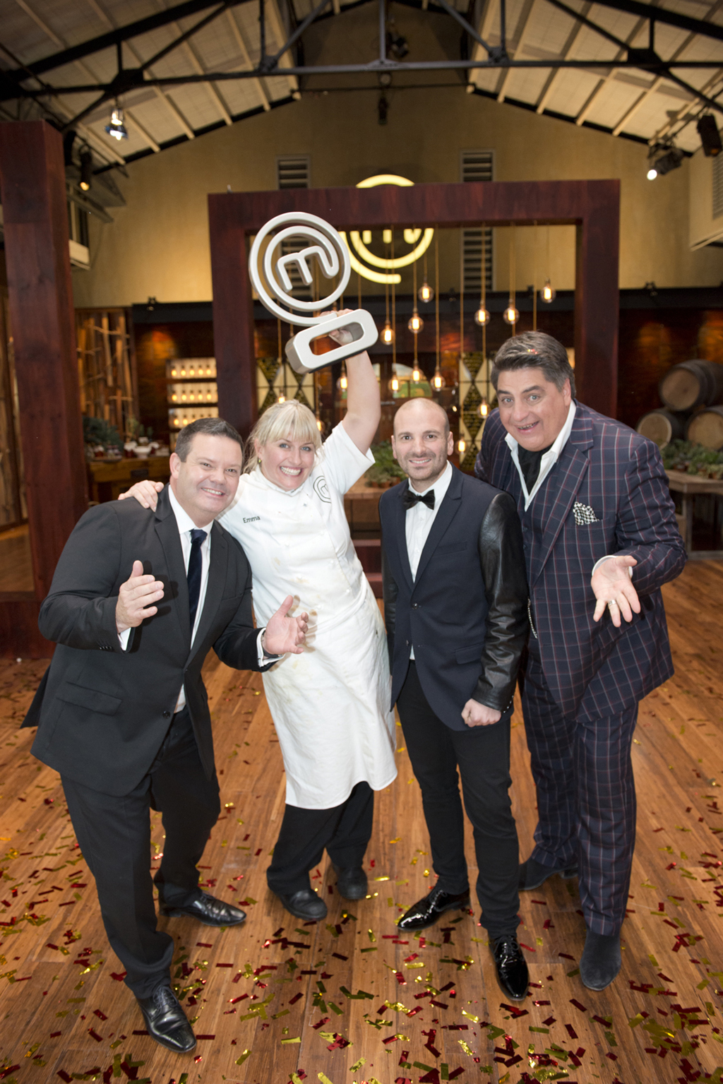 Emma Dean with judges Gary Mehigan, George Calombaris and Matt Preston. Emma Dean with judges Gary Mehigan, George Calombaris and Matt Preston.