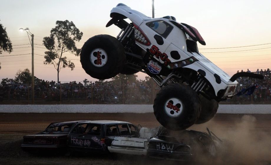 Spot the monster truck crushes cars at the Maryborough Speedway. Spot the monster truck crushes cars at the Maryborough Speedway.