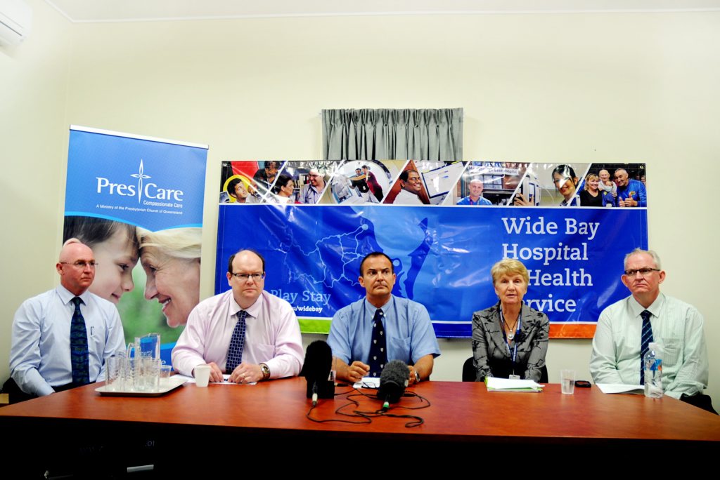 Prescare chairman Wayne Knapp and chief executive Greg Skelton, Wide Bay Hospital and Health Board chief executive Adrian Pannington, deputy chair Barb Hovard and chair Dominic Devine at the Yaralla Place announcement. Prescare chairman Wayne Knapp and chief executive Greg Skelton, Wide Bay Hospital and Health Board chief executive Adrian Pannington, deputy chair Barb Hovard and chair Dominic Devine at the Yaralla Place announcement.